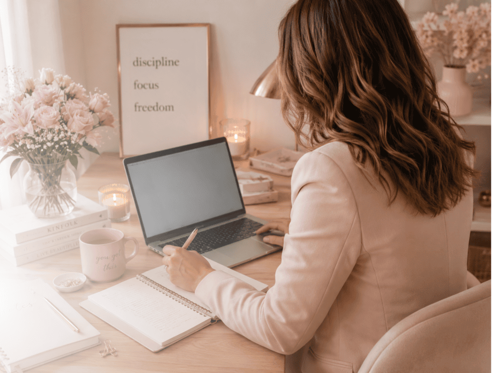 The businesswoman is sitting at the table